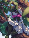  1other blurry closed_mouth commentary_request day furry highres kuchiba_(jret2454) leaf looking_down meowscarada outdoors pokemon pokemon_(creature) purple_eyes signature sitting solo tree 