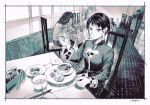  3girls artist_name carpet chair cleavage_cutout clothing_cutout cup eating food greyscale indoors looking_at_viewer mole mole_under_eye monochrome multiple_girls original plate shadow sitting solo_focus table ueno_zousui 