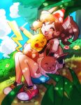  1girl absurdres animal_hug backpack bag baseball_cap blue_sky brown_hair bush closed_eyes cloud eevee elaine_(pokemon) flower hat highres knees_up open_mouth outdoors pikachu pokemon pokemon_(creature) pokemon_(game) pokemon_lgpe ponytail sheyona shoes short_sleeves shorts sitting sky smile tree 