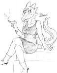  2017 anthro bea_santello boots cigarette cigarette_smoke claws clothing crocodilian crossed_legs dress fangs female footwear hi_res holding_cigarette holding_object looking_away marcushunter mouth_closed night_in_the_woods raised_tail reptile scales scalie signature sitting solo tail teeth 