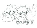  animal animal_focus animalization bakugou_katsuki belt boku_no_hero_academia cat cat_day clothed_animal dated eye_mask full_body greyscale highres looking_at_viewer mask midoriya_izuku monochrome no_humans open_mouth qhsrp_moy simple_background spiked_hair standing white_background 