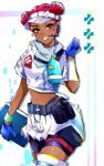  1girl alternate_costume animification apex_legends belt bike_shorts black_belt black_shorts blue_gloves blush brown_eyes clenched_hand cropped_jacket dark-skinned_female dark_skin double_bun earpiece eyeshadow folder gloves grey_headwear hair_bun highres holding holding_folder jacket lifeline_(apex_legends) looking_at_viewer makeup midriff miniskirt navel nepitasu parted_lips pocket_watch pouch red_eyeshadow red_hair shorts skirt smile solo visor_cap watch white_jacket white_skirt 