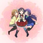  3girls absurdres afterschool_school_idol_(love_live!) asymmetrical_legwear bangs black_hair blush brown_hair cardigan commentary_request feather_hair_ornament feathers floral_background flower gloves green_eyes grey_eyes hair_flower hair_ornament highres kunikida_hanamaru long_hair long_sleeves looking_at_viewer love_live! love_live!_nijigasaki_high_school_idol_club love_live!_school_idol_project love_live!_sunshine!! low_twintails mismatched_legwear multiple_girls muramoh one_side_up otonokizaka_school_uniform pantyhose purple_hair school_uniform sidelocks signature smile thighhighs toujou_nozomi twintails uranohoshi_school_uniform white_gloves yellow_cardigan yellow_eyes yuuki_setsuna_(love_live!) 