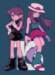  2girls aqua_background bangs black_dress boots brown_hair closed_mouth commentary_request dress gloves green_(pokemon) green_shirt hair_flaps hand_on_hip hand_up hat highres holding holding_poke_ball index_finger_raised leaf_(pokemon) long_hair loose_socks multiple_girls ok_ko19 pleated_skirt poke_ball poke_ball_(basic) pokemon pokemon_(game) pokemon_adventures pokemon_frlg shirt shoes short_dress sidelocks skirt sleeveless sleeveless_dress sleeveless_shirt smile socks standing white_footwear white_gloves white_headwear wristband 