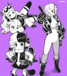  3girls black_jacket bodysuit earphones earpiece goggles highres i! jacket jetpack long_hair multicolored_hair multiple_girls one_eye_covered one_piece sheep_girl short_hair smile vegapunk_atlas vegapunk_lilith vegapunk_york white_bodysuit white_jacket 