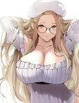  1girl adjusting_hair beret blonde_hair blush breasts cleavage eyelashes glasses green_eyes hat highres korean_commentary large_breasts leotard looking_at_viewer off_shoulder original ribbed_leotard solo upper_body wefightasone_1 white_background white_headwear white_leotard 