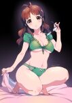  1girl :o akizuki_ritsuko antenna_hair artist_name black-framed_eyewear blush bow bow_panties breasts brown_hair cleavage collarbone crotch_seam frills front-tie_top full_body glasses green_panties green_shirt head_tilt highres holding holding_eyewear idolmaster idolmaster_(classic) inoue_sora looking_up medium_breasts nail_polish navel one_knee panties revision round_eyewear shirt simple_background solo tied_shirt toenail_polish toenails toes underboob underwear underwear_only 