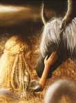  00osamio00 1boy blonde_hair braid child crown_braid elden_ring hair_over_eyes hair_over_face hand_on_another&#039;s_face highres horns horse long_hair miquella_(elden_ring) torrent_(elden_ring) twin_braids wheat white_hair white_tunic 