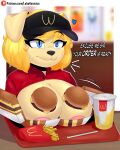  absurd_res anthro areola beverage big_breasts bird_dog blonde_hair blue_eyes blurred_background breasts burger canid canine canis clothed clothing curvy_figure digital_drawing_(artwork) digital_media_(artwork) domestic_dog english_text female food fries fur golden_retriever hair hi_res hunting_dog lobokosmico mammal marzia_(lobokosmico) mcdonald&#039;s presenting presenting_breasts retriever shirt shirt_up short_hair short_stack simple_background solo straw text topwear tray uniform yellow_body yellow_fur your_order_is_ready_(meme) 