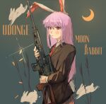  1girl animal_ears assault_rifle bangs character_name crescent_moon gun hair_between_eyes holding holding_gun holding_weapon moon rabbit rabbit_ears rabbit_tail reisen_udongein_inaba rifle shell_casing simple_background sparkle71059204 submachine_gun tail touhou upper_body weapon 