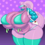  anthro big_breasts bikini black_pupils breasts clothing female geebie33 generation_6_pokemon goodra green_eyes hi_res huge_breasts huge_hips huge_thighs hyper hyper_breasts jacket legwear nintendo pokemon pokemon_(species) pupils purple_body purse slightly_chubby slime smile solo swimwear thick_thighs thigh_highs topwear wide_hips 