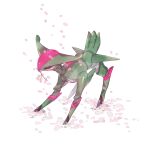  commentary_request falling_petals flower full_body highres iron_leaves mouth_hold no_humans petals pink_flower pokemon pokemon_(creature) simple_background standing twig uraura8yama white_background 