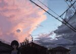  1girl absurdres black_hair blue_sky building cloud cloudy_sky dark_clouds hair_behind_ear highres house looking_at_viewer original outdoors pink_clouds power_lines radio_antenna scenery shade shirt short_hair shoulder_strap sky sky_focus solo striped striped_shirt tile_roof tree twilight uniunimikan upper_body 