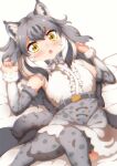  1girl animal_print bare_shoulders blush bow bowtie canadian_lynx_(kemono_friends) cat_print center_frills commentary_request detached_sleeves fang frills fur_trim gradient_skirt gradient_sleeves grey_bow grey_bowtie grey_hair grey_skirt grey_sleeves grey_thighhighs high-waist_skirt highres ibuki_s_forpm kemono_friends lying lynx_ears lynx_girl multicolored_hair on_back on_bed open_mouth print_bow print_bowtie print_skirt print_sleeves print_thighhighs she_li_(lynxm) shirt short_hair sidelocks skirt sleeveless solo thighhighs white_fur white_hair white_shirt white_skirt white_sleeves yellow_eyes zettai_ryouiki 