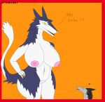  &lt;3 absurd_res after_growth anthro big_breasts breasts duo female foxtrot_borkvon foxtrotthesergal fur genitals grey_body grey_fur hand_on_hip hi_res huge_breasts macro male male/female purple_body purple_fur pussy sergal simple_background size_difference smile tail tail_tuft text tuft white_body white_fur wide_hips yellow_eyes 