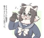  1girl ahoge animal_ears bespectacled black_gloves black_hair bow breasts brown_eyes glasses gloves highres holding holding_pencil kemono_friends large_breasts looking_at_viewer multicolored_hair pencil raccoon_ears round_eyewear short_hair solo tamurambo tanuki_(kemono_friends) translation_request upper_body white_bow white_hair 