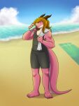 anthro beach beverage bodily_fluids bottomwear can claws clothing container dragon feet grafayay hair hi_res horn male pink_body pink_scales scales sea seaside shirt shorts sky soda solo sweat tank_top topwear towel water wave 