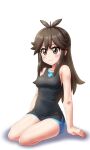  1girl antenna_hair arm_support bangs bare_arms black_shirt blue_shorts blush breasts brown_eyes brown_hair closed_mouth commentary_request els_(ljhlee12) eyelashes full_body green_(pokemon) hair_flaps pokemon pokemon_(game) pokemon_lgpe shiny_skin shirt shorts sidelocks sitting sleeveless sleeveless_shirt smile solo 