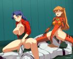  2girls absurdres aseiusx blue_eyes blush bodysuit breasts cross cunnilingus ffm_threesome group_sex hair_ornament hairpods highres jewelry katsuragi_misato large_breasts long_hair mass_production_eva multiple_girls necklace neon_genesis_evangelion nipples open_mouth oral orange_hair purple_hair red_eyes reverse_cowgirl_position souryuu_asuka_langley spread_legs straddling threesome vaginal 