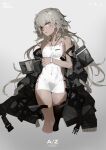  1girl also_sprach_zarathustra_(neco) black_coat bracelet breasts coat dark_skin dress grey_background grey_hair jewelry long_hair neco open_clothes open_coat original pelvic_curtain sideboob sideless_outfit single_thighhigh small_breasts solo thighhighs thighs white_dress yellow_eyes 