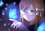  1girl bangs birthday blue_butterfly brown_hair bug butterfly butterfly_on_hand commentary dark_background glasses glowing_butterfly grey-framed_eyewear kunikida_hanamaru light_particles long_hair love_live! love_live!_sunshine!! portrait round_eyewear sidelocks smile solo yanase_eiwa yellow_eyes 