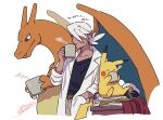  1boy bangs belt belt_buckle black_shirt brown_belt buckle charizard closed_mouth coat commentary_request cup drinking friede_(pokemon) hand_in_pocket holding holding_cup male_focus mug open_clothes open_coat pants pikachu pokemon pokemon_(anime) pokemon_sv_(anime) sagemaru-br shirt signature sitting steam white_background white_coat white_hair 