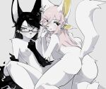  3_eyes 4_ears anthro anus arm_tuft barely_visible_genitalia barely_visible_pussy big_ears black_hair blush blush_lines breasts butt canid canine covering covering_self duo elbow_tuft eyewear female female/female fluffy fluffy_tail fur genitals glasses hair kaltespur kneeling licking licking_lips licking_own_lips mammal multi_ear multi_eye nipples nude pink_hair pussy raised_tail sagging_breasts simple_background tail tongue tongue_out tuft unknown_species white_background white_body white_fur 