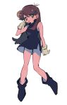  1girl bangs bare_arms black_dress black_footwear boots brown_hair closed_mouth commentary_request dress full_body gloves green_(pokemon) hand_up highres long_hair ok_ko19 pokemon pokemon_adventures short_dress simple_background sleeveless sleeveless_dress smile solo tongue tongue_out white_background 