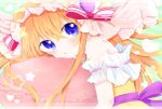  1girl bonnet dress ensemble_girls! highres hiyoseri hoshiumi_koyoi long_hair looking_at_viewer multicolored_clothes multicolored_dress off-shoulder_dress off_shoulder open_mouth orange_hair purple_eyes red_ribbon ribbon short_sleeves solo white_dress yellow_dress 