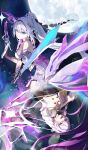  1girl :d absurdres blue_eyes breasts colored_skin detached_sleeves dress gradient_background gun highres holding holding_gun holding_sword holding_weapon honkai_(series) honkai_impact_3rd kiana_kaslana kiana_kaslana_(herrscher_of_finality) long_hair medium_breasts moon purple_eyes reflection roena smile strapless strapless_dress sweater sword thighhighs weapon white_dress white_hair white_sweater white_thighhighs 