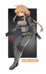  1girl absurdres ahoge belt blonde_hair blue_eyes bodysuit braid breasts closed_mouth full_body gloves grey_bodysuit gun highres holding holding_gun holding_weapon indie_virtual_youtuber long_hair medium_breasts sidelocks single_braid smile solo virtual_youtuber weapon whiskey_project white_background xerbatt 