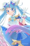  1girl armband bangs blue_bow blue_dress blue_eyes blue_hair blurry blurry_foreground bow brooch cape commentary cowboy_shot cure_sky cut_bangs dated depth_of_field dress earrings frilled_dress frills gloves gradient_hair hair_bow heart_brooch highres hirogaru_sky!_precure jewelry long_hair looking_at_viewer magical_girl multicolored_hair open_mouth pink_hair poma123poma precure short_dress simple_background sleeveless sleeveless_dress smile solo sora_harewataru standing streaked_hair twitter_username two-sided_cape two-sided_fabric very_long_hair white_background white_gloves wind wing_brooch wing_hair_ornament 