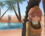  2girls bad_id bad_pixiv_id bathing blonde_hair blue_eyes blue_sky blush closed_mouth completely_nude day desert goggles hanna-justina_marseille hat long_hair medium_hair multiple_girls nude oasis outdoors palm_tree raisa_pottgen sky solo_focus tree ulrich_(tagaragakuin) witches_of_africa world_witches_series 