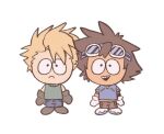  2boys brown_footwear brown_gloves brown_hair denim digimon digimon_adventure gloves goggles goggles_on_head ishida_yamato jeans multiple_boys open_mouth pants parody sommymon south_park style_parody teeth upper_teeth_only white_gloves yagami_taichi 
