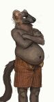  2020 anthro belly big_belly bottomwear brown_body brown_fur cettus clothed clothing crossed_arms embarrassed fur gulonine male mammal marten mustelid musteline open_bottomwear open_clothing open_pants overweight overweight_anthro overweight_male pants sable_(marten) shorts simple_background solo standing tail topless white_background 