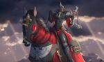  1girl absurdres adepta_sororitas armor bird cloud cloudy_sky club_(weapon) electricity glowing glowing_eyes helmet highres holding_flail horse horseback_riding incense kabewski light_rays parchment pauldrons power_armor riding shoulder_armor sky smoke spiked_club spiked_helmet warhammer_40k weapon 