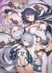  absurdres ahoge armor bangs bare_shoulders bilibili_xiaolu black_gloves blue_eyes blue_hair bow breasts bronya_zaychik bronya_zaychik_(herrscher_of_truth) cleavage closed_mouth clothing_cutout dress drill_hair gloves grey_eyes grey_hair hair_between_eyes hair_bow hair_ornament high_ponytail highres honkai_(series) honkai_impact_3rd jewelry kiana_kaslana kiana_kaslana_(herrscher_of_finality) large_breasts long_hair looking_at_viewer medium_breasts multicolored_hair multiple_girls open_mouth ponytail purple_eyes purple_hair raiden_mei raiden_mei_(herrscher_of_origin) sidelocks small_breasts smile stomach_cutout thighhighs very_long_hair white_dress white_hair white_thighhighs 