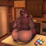 1:1 absurd_res anthro big_butt butt cupcake detailed_background food fruit hi_res huge_butt hyenahijinks kitchen male on_counter overweight plant plate short_tail solo strawberry tail wood_floor 