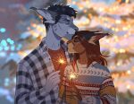  anthro anthro_on_anthro black_hair blurred_background brown_body christmas christmas_tree closed_smile clothed clothing duo ears_back eyelashes eyes_closed fairy_lights felid female grey_body hair hi_res holidays kissing male male/female mammal marie_merkh mouth_closed outside pivoted_ears plant romantic romantic_couple sparkler sparkles tan_body tree 