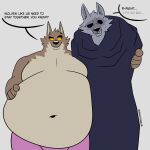  2023 anthro belly big_belly black_eyes black_nose bodily_fluids canid canine canis cloak clothing death_(puss_in_boots) digital_media_(artwork) dreamworks duo eyebrows facial_markings fur grey_body grey_fur head_markings head_tuft hi_res hyper hyper_belly inner_ear_fluff male mammal markings mask_(marking) mindof mr._wolf_(the_bad_guys) obese obese_anthro obese_male overweight overweight_anthro overweight_male puss_in_boots_(film) puss_in_boots_the_last_wish red_eyes sharp_teeth smile sweat sweatdrop teeth the_bad_guys thick_eyebrows tuft wolf yellow_sclera 