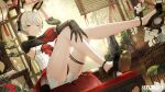  animal_ears birdcage bonsai cage chair china_dress chinese_clothes dress flower high_heels highres karenina_(punishing:_gray_raven) mechanical_parts official_art plant potted_plant punishing:_gray_raven rabbit_ears sitting teapot white_hair window yellow_eyes zhang_shuang_pa_mi_shi 