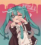  1girl aqua_eyes aqua_hair aqua_necktie blush fang hatsune_miku highres maid mayoi_zzz nail_polish necktie one_eye_closed paw_pose solo vocaloid 