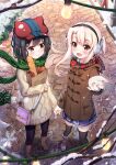  2girls bag black_hair blonde_hair blush boots christmas coat fate/kaleid_liner_prisma_illya fate_(series) from_above hair_between_eyes hat highres holding holding_bag holding_hands illyasviel_von_einzbern looking_at_viewer miniskirt miyu_edelfelt multiple_girls open_mouth red_eyes sasatabekung scarf skirt snow thighhighs yellow_eyes 