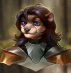  absurd_res anthro armor artist_name blue_eyes blue_hair blurred_background brown_body brown_fur brown_hair bust_portrait clothed clothing eyelashes female front_view fur glistening glistening_eyes grey_armor hair hi_res mammal marie_merkh mouth_closed multicolored_hair mustelid otter portrait signature solo tan_body tan_fur two_tone_hair 