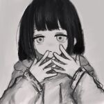  1girl bangs blunt_bangs empty_eyes expressionless forestg0d grey_theme half-closed_eyes hands_up highres hood hood_down hoodie lag_train_(vocaloid) long_sleeves looking_at_viewer monochrome open_hands osage_(inabakumori) pale_skin portrait raised_eyebrows simple_background solo tareme 