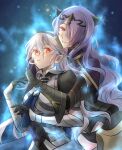  2girls armor black_armor black_hairband black_panties blush camilla_(fire_emblem) commentary corrin_(female)_(fire_emblem) corrin_(fire_emblem) fake_horns fire_emblem fire_emblem_engage fire_emblem_fates gauntlets grey_hair hair_over_one_eye hairband hand_on_another&#039;s_face highres horns hug hug_from_behind kazu20200224 long_hair looking_at_viewer multiple_girls one_eye_covered panties pointy_ears purple_eyes purple_hair red_eyes seductive_smile siblings sisters smile tiara underwear very_long_hair wavy_hair 