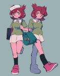  1girl arms_behind_back bag bangs bianca_(pokemon_heroes) black_socks brown_eyes closed_mouth commentary_request eyelashes flipped_hair green_bag green_shirt hat highres leg_up multiple_views ok_ko19 parted_lips pink_footwear pokemon pokemon_(anime) pokemon_(classic_anime) pokemon_heroes:_latios_&amp;_latias shirt shoes short_sleeves sketchbook skirt smile socks standing white_headwear white_skirt 