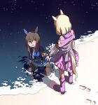  2girls admire_vega_(umamusume) animal_ears bare_shoulders beach black_pantyhose blonde_hair blue_dress blue_necktie blush boots brown_hair crying crying_with_eyes_open dress ear_covers facing_another facing_away footprints from_above furrowed_brow gloves gold_trim hair_between_eyes high-low_skirt highres horse_ears horse_girl horse_tail knee_boots kneeling long_hair looking_at_another looking_up multiple_girls narita_top_road_(umamusume) necktie ocean off-shoulder_dress off_shoulder on_ground outstretched_hand pantyhose pink_dress pink_footwear purple_eyes raised_eyebrows reaching reflection reflective_water sand see-through see-through_sleeves shadow short_hair single_ear_cover sky star_(sky) starry_sky tail tears umamusume umamusume:_road_to_the_top umiwashi white_gloves 