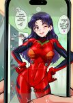  1boy 1girl ;d alternate_costume blush bodysuit breasts brown_eyes cellphone cosplay earrings english_commentary hands_on_hips highres ikari_shinji jewelry katsuragi_misato locker locker_room long_hair looking_at_viewer medium_breasts neon_genesis_evangelion one_eye_closed phone plugsuit purple_hair red_bodysuit skin_tight smartphone smile snegovski souryuu_asuka_langley souryuu_asuka_langley_(cosplay) speech_bubble 