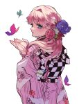  1girl blonde_hair blue_eyes bug butterfly flower from_behind green_butterfly hair_behind_ear hair_flower hair_intakes hair_ornament highres japanese_clothes kimono long_hair looking_at_viewer looking_back macross macross_frontier obi open_hands pink_flower pink_kimono purple_butterfly purple_flower red_flower sash sechi_(stst1850) sheryl_nome solo white_background white_flower 